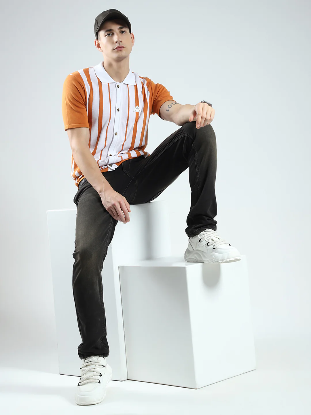 Rock.it Men Orange Stripe Collar Half Sleeve Shirt - Image 2