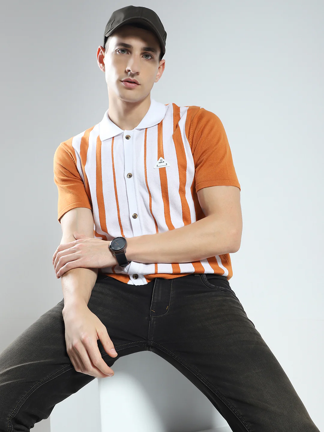 Rock.it Men Orange Stripe Collar Half Sleeve Shirt - Image 6