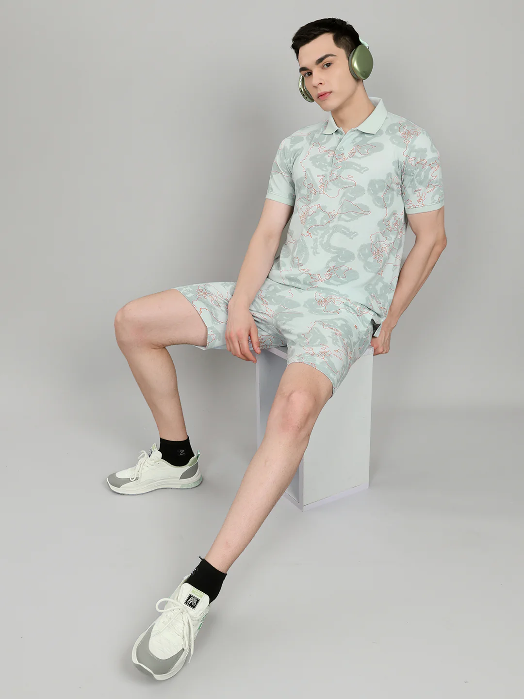 Men Pastel Blue Solid Collar Half Sleeve Bermuda Set - Image 6