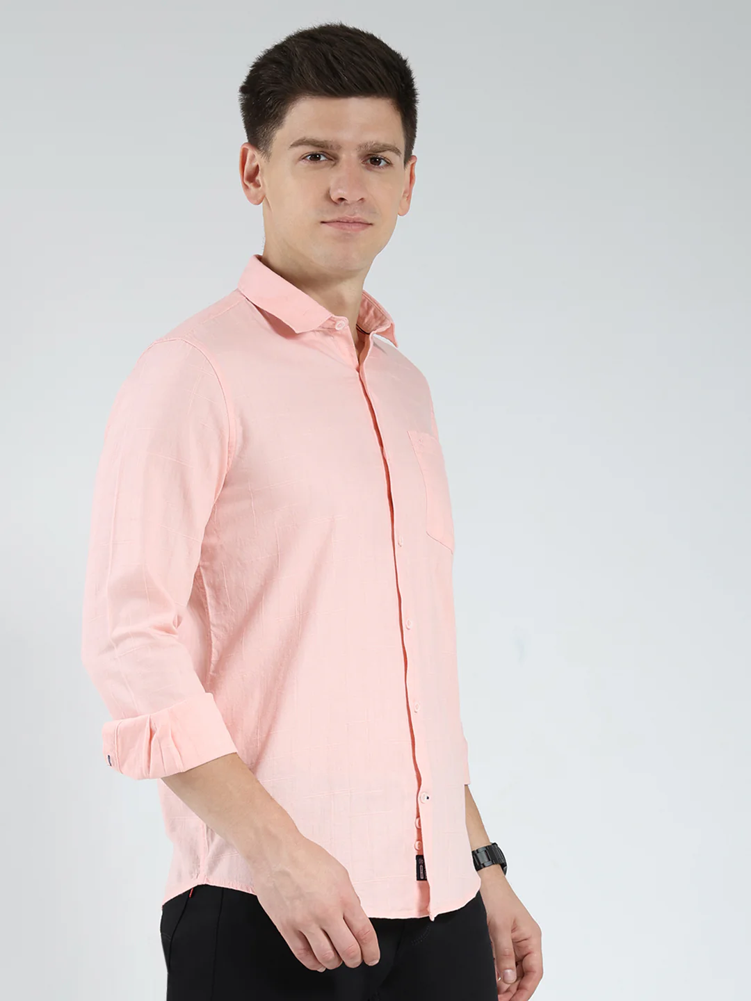 Men Peach Check Collar Full Sleeve Shirt - Image 4
