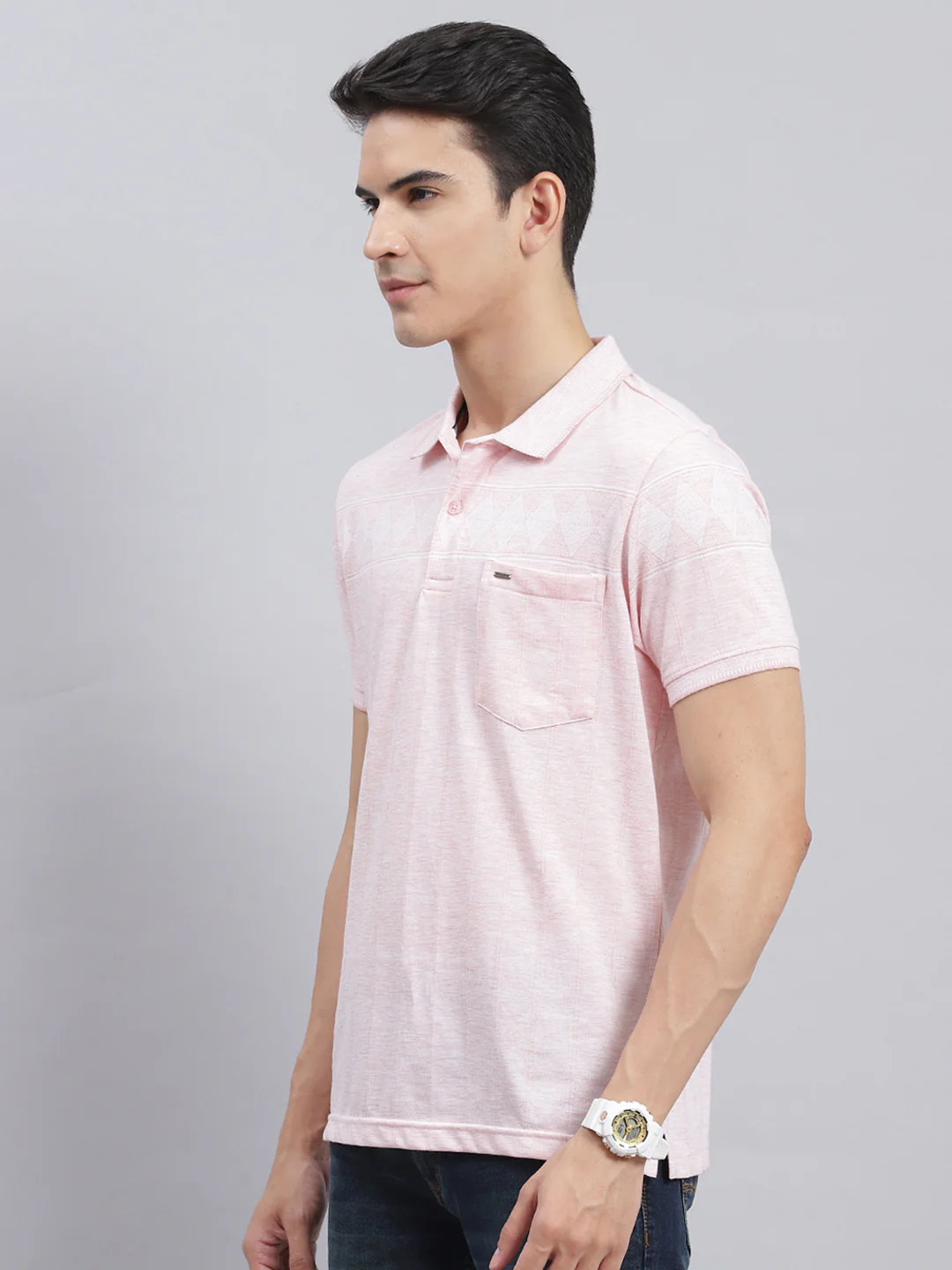 Men Peach Jaquard Cotton Blend T-Shirt - Image 4