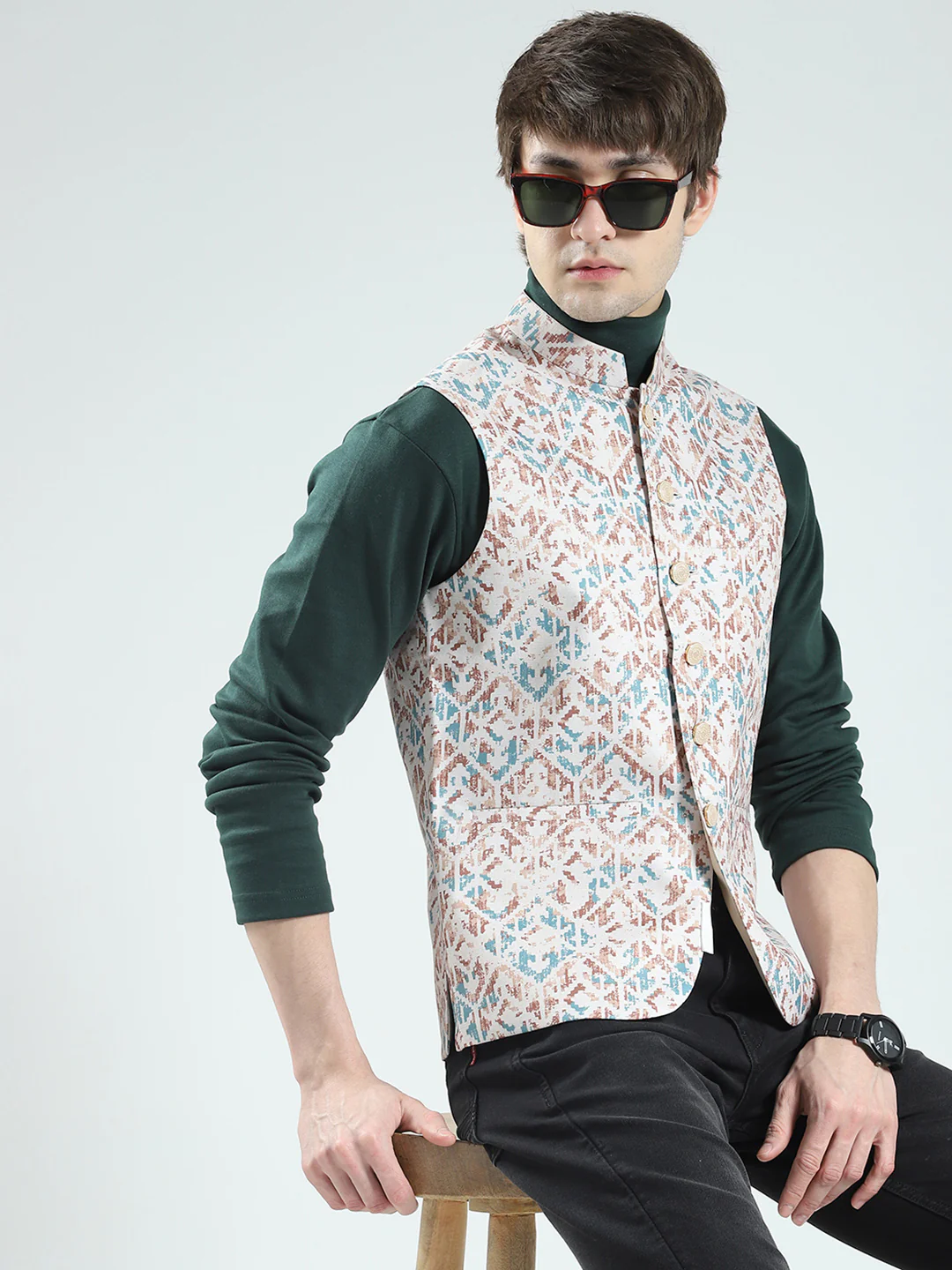 Men Peach Printed Band Neck Sleeveless Nehru Jacket - Image 6