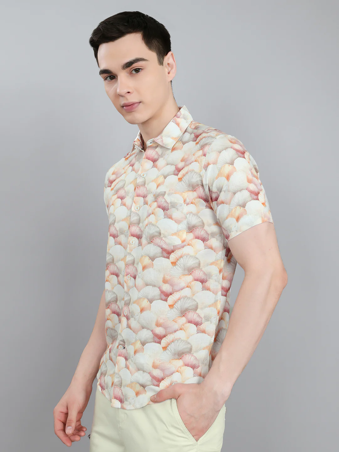 Men Peach Printed Collar Half Sleeve Shirt - Image 2