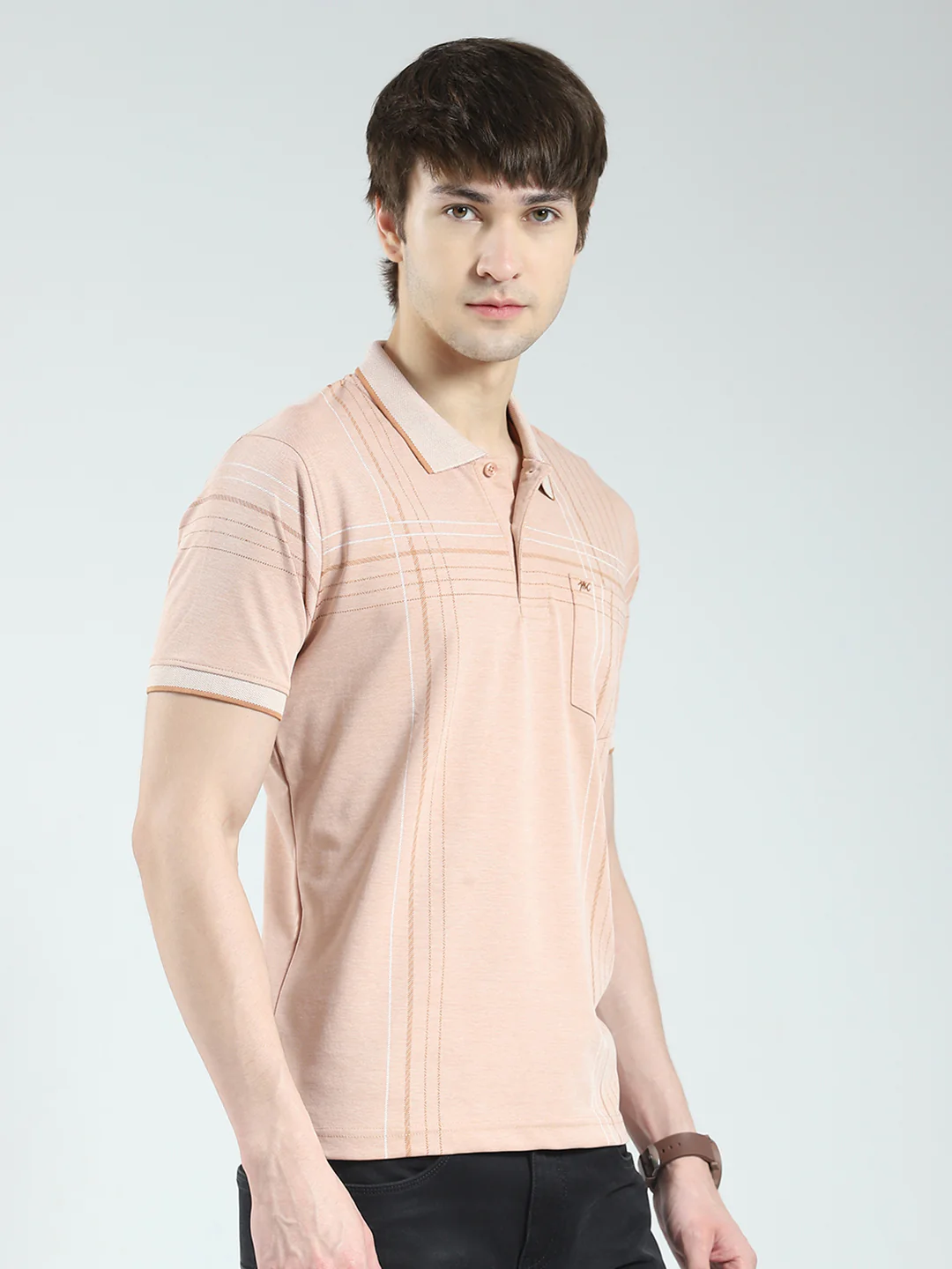 Men Peach Printed Collar Half Sleeve T-Shirt - Image 4