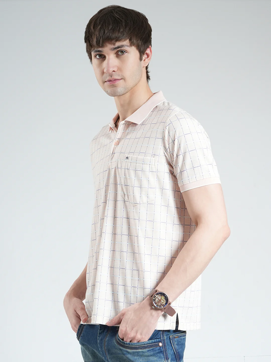 Men Peach Printed Collar Half Sleeve T-Shirt - Image 3