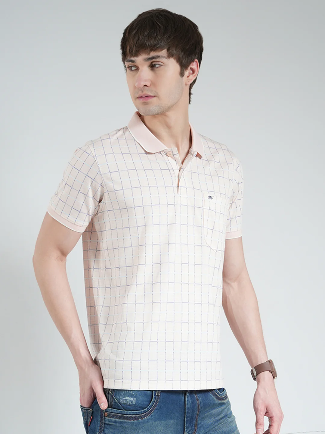 Men Peach Printed Collar Half Sleeve T-Shirt - Image 4