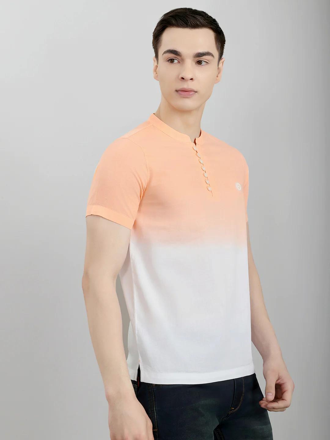 Men Peach Printed Henley Neck Half Sleeve T-Shirt - Image 3