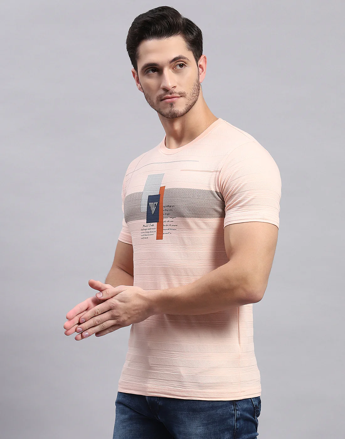 Men Peach Printed Round Neck Half Sleeve T-Shirt - Image 3