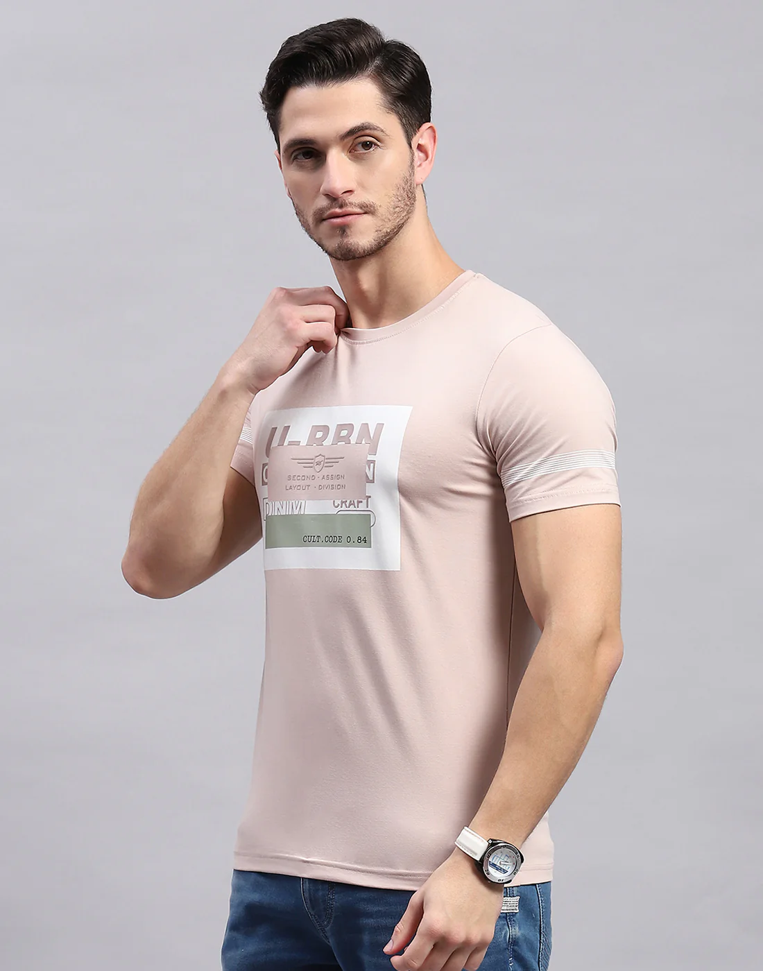 Men Peach Printed Round Neck Half Sleeve T-Shirt - Image 3