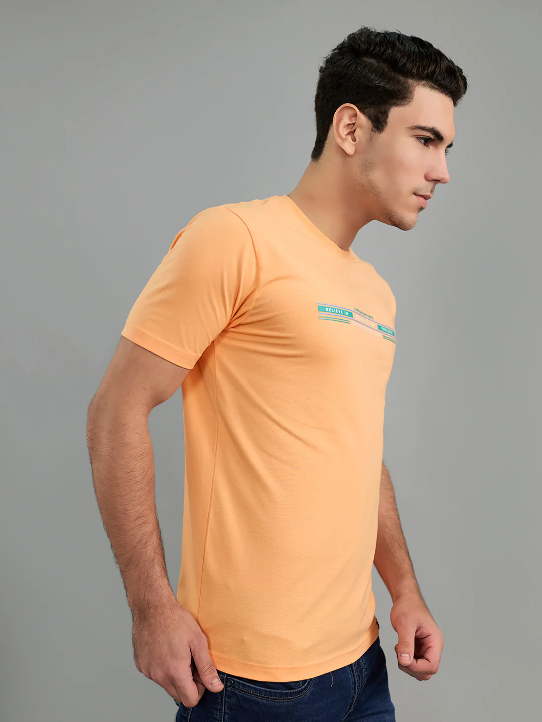 Men Peach Printed Round Neck Half Sleeve T-Shirt - Image 3