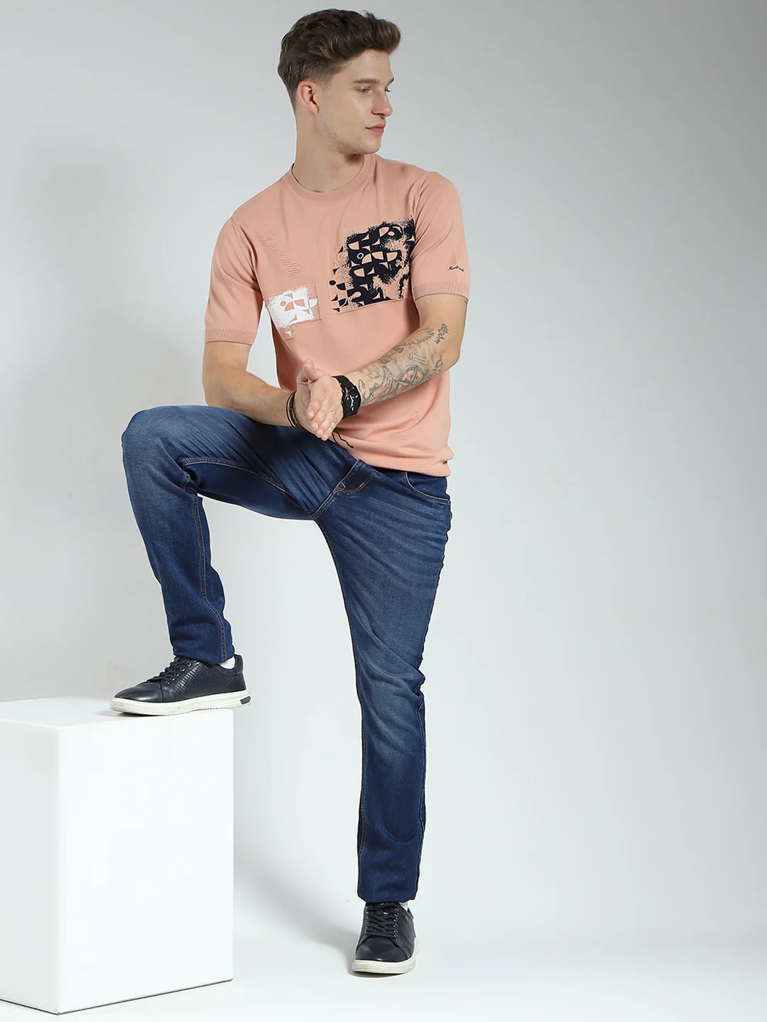 Men Peach Printed Round Neck Half Sleeve T-Shirt - Image 2
