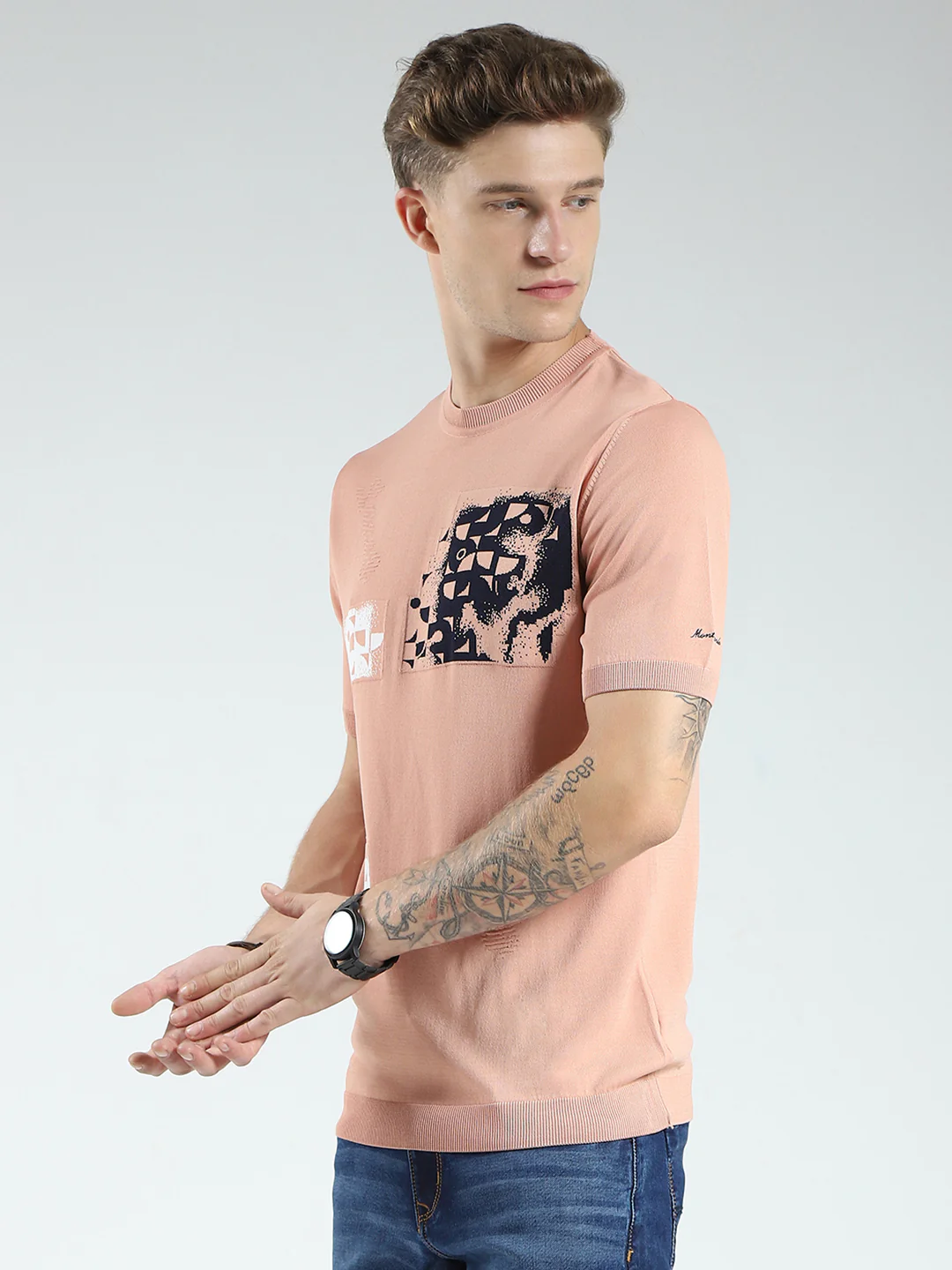Men Peach Printed Round Neck Half Sleeve T-Shirt - Image 3