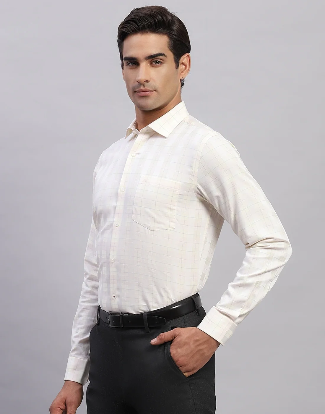Men Peach Self Design Collar Full Sleeve Shirt - Image 3