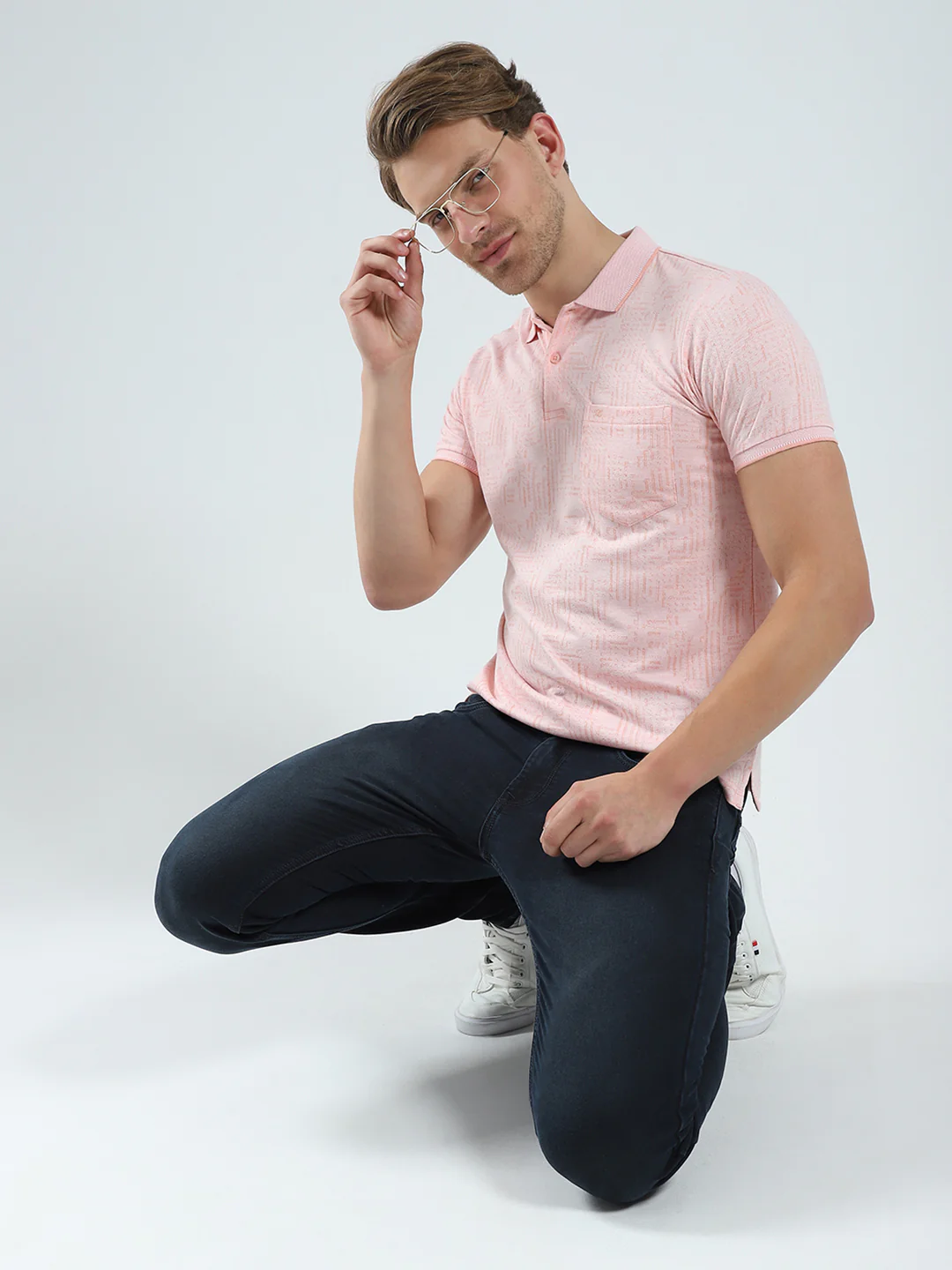 Men Peach Self Design Collar Half Sleeve T-Shirt - Image 2