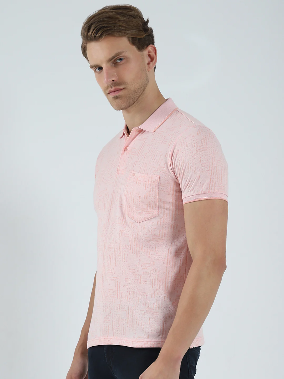 Men Peach Self Design Collar Half Sleeve T-Shirt - Image 3