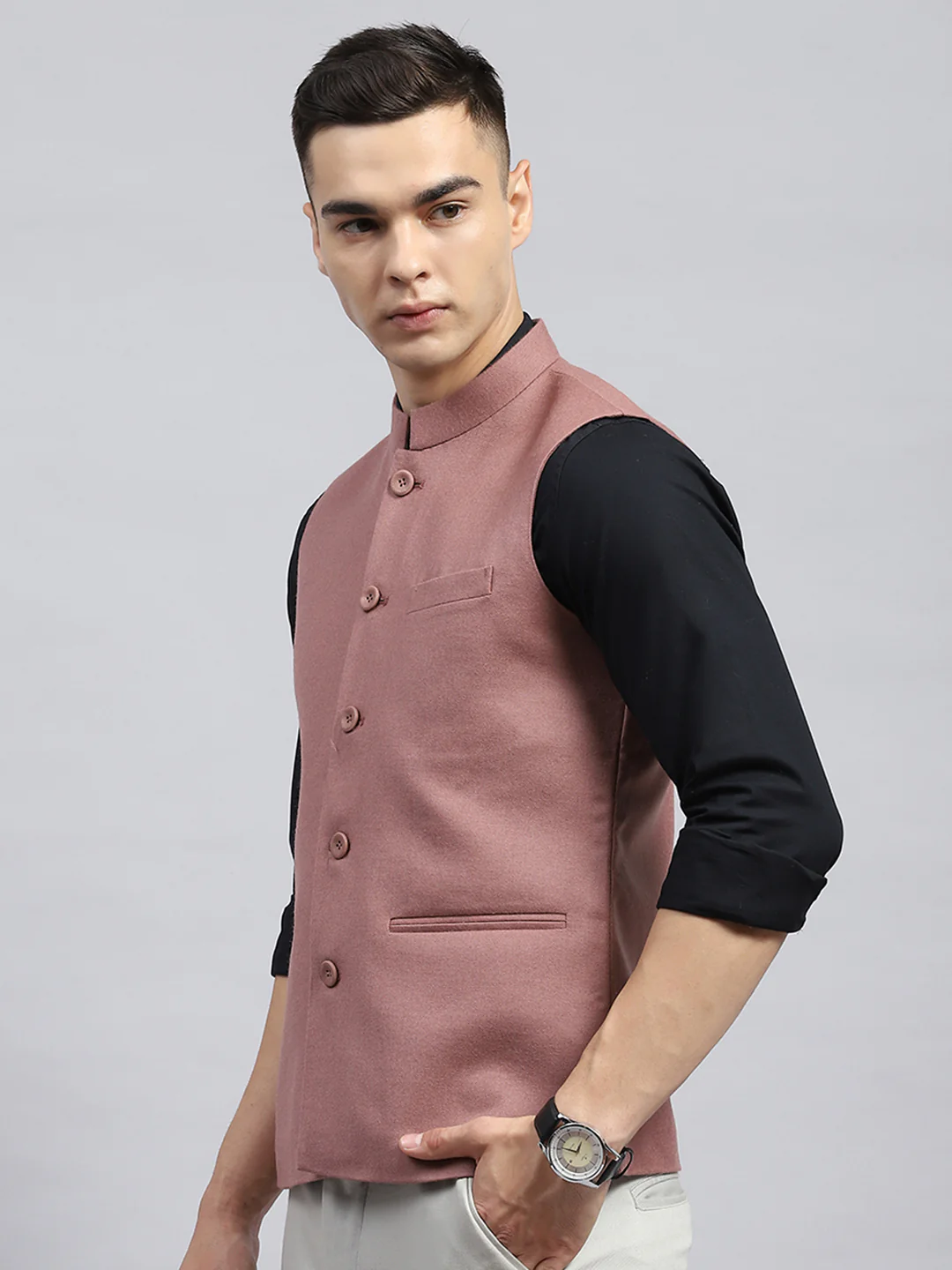 Men Peach Solid Band Collar Sleeveless Jacket - Image 3