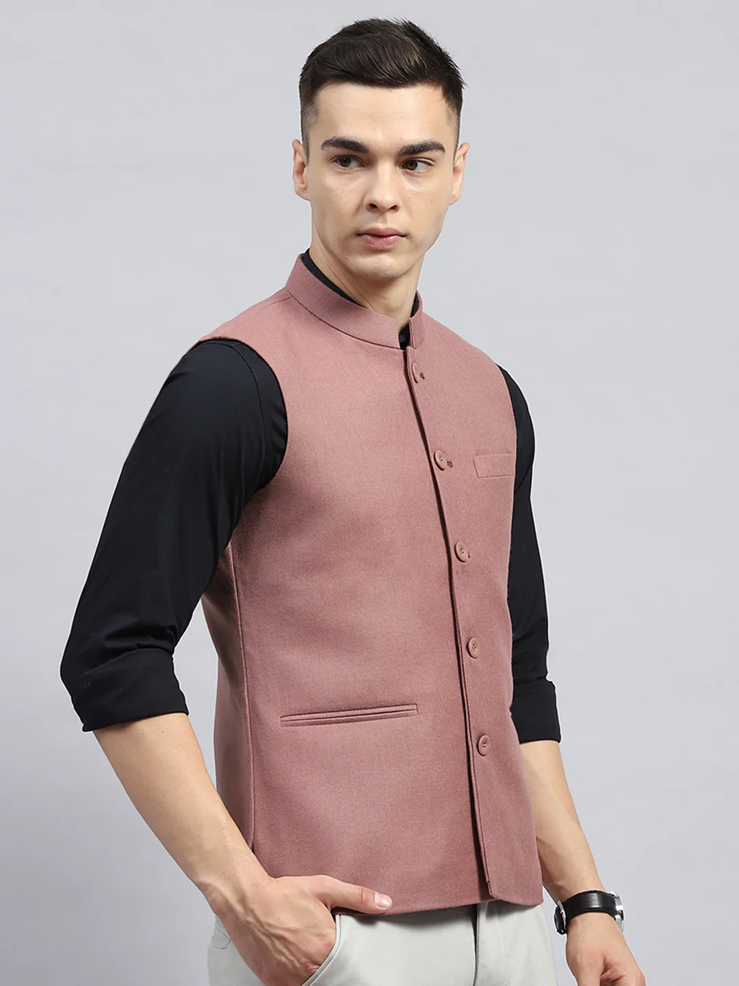 Men Peach Solid Band Collar Sleeveless Jacket - Image 4