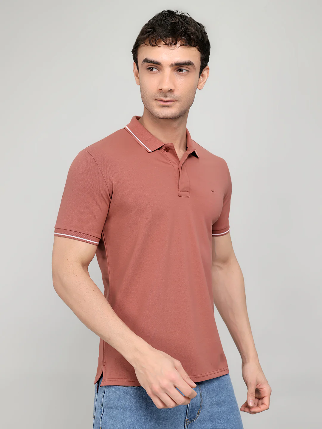 Men Peach Solid Collar Half Sleeve T-Shirt - Image 3