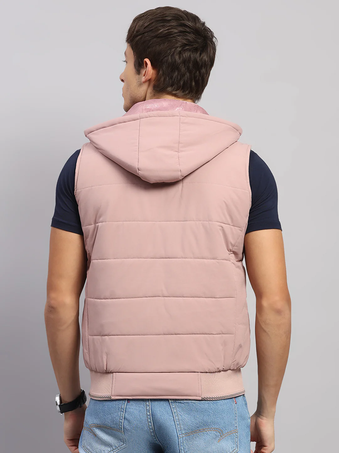 Men Peach Solid Hooded Sleeveless Jacket - Image 5