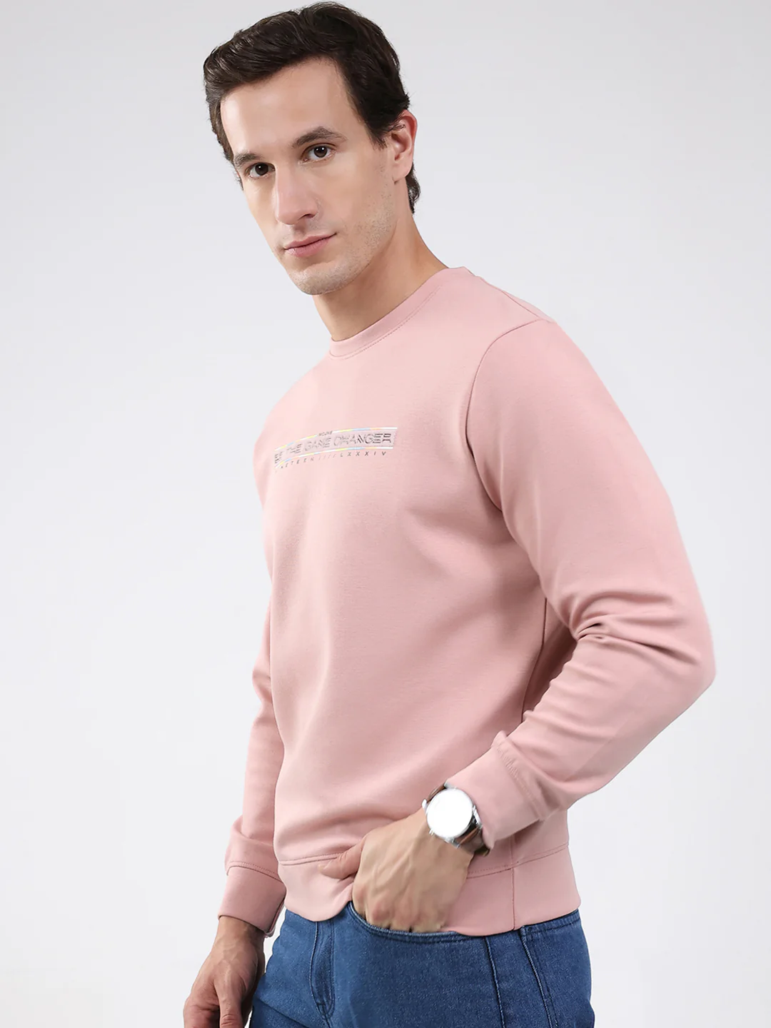 Men Peach Solid Round Neck Full Sleeve Sweatshirt - Image 3