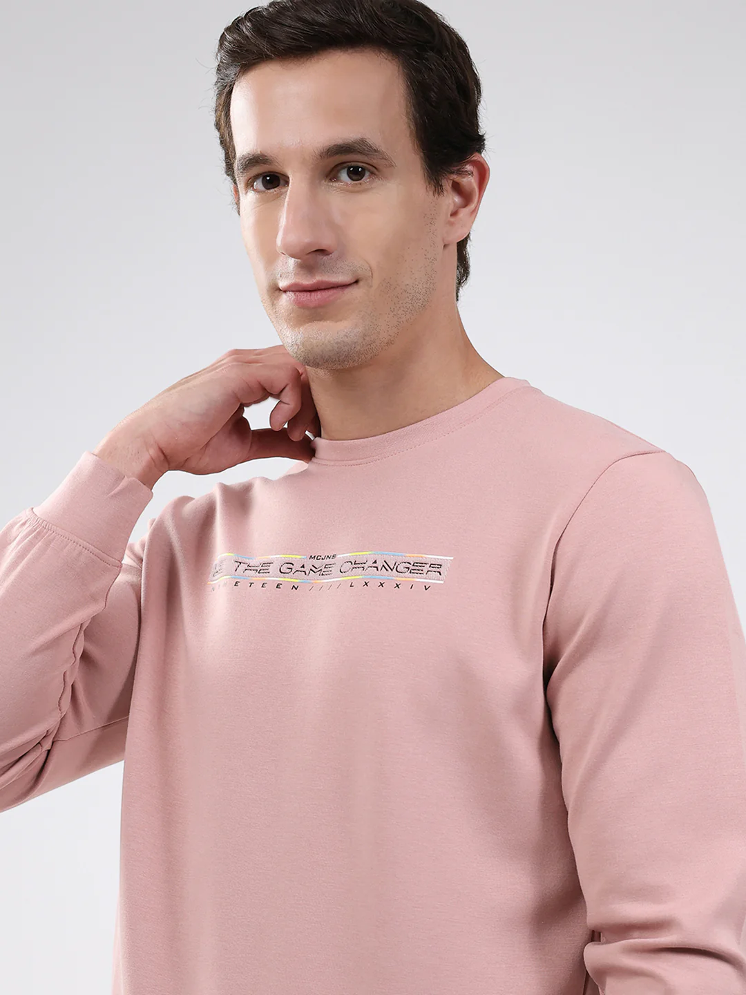 Men Peach Solid Round Neck Full Sleeve Sweatshirt - Image 7