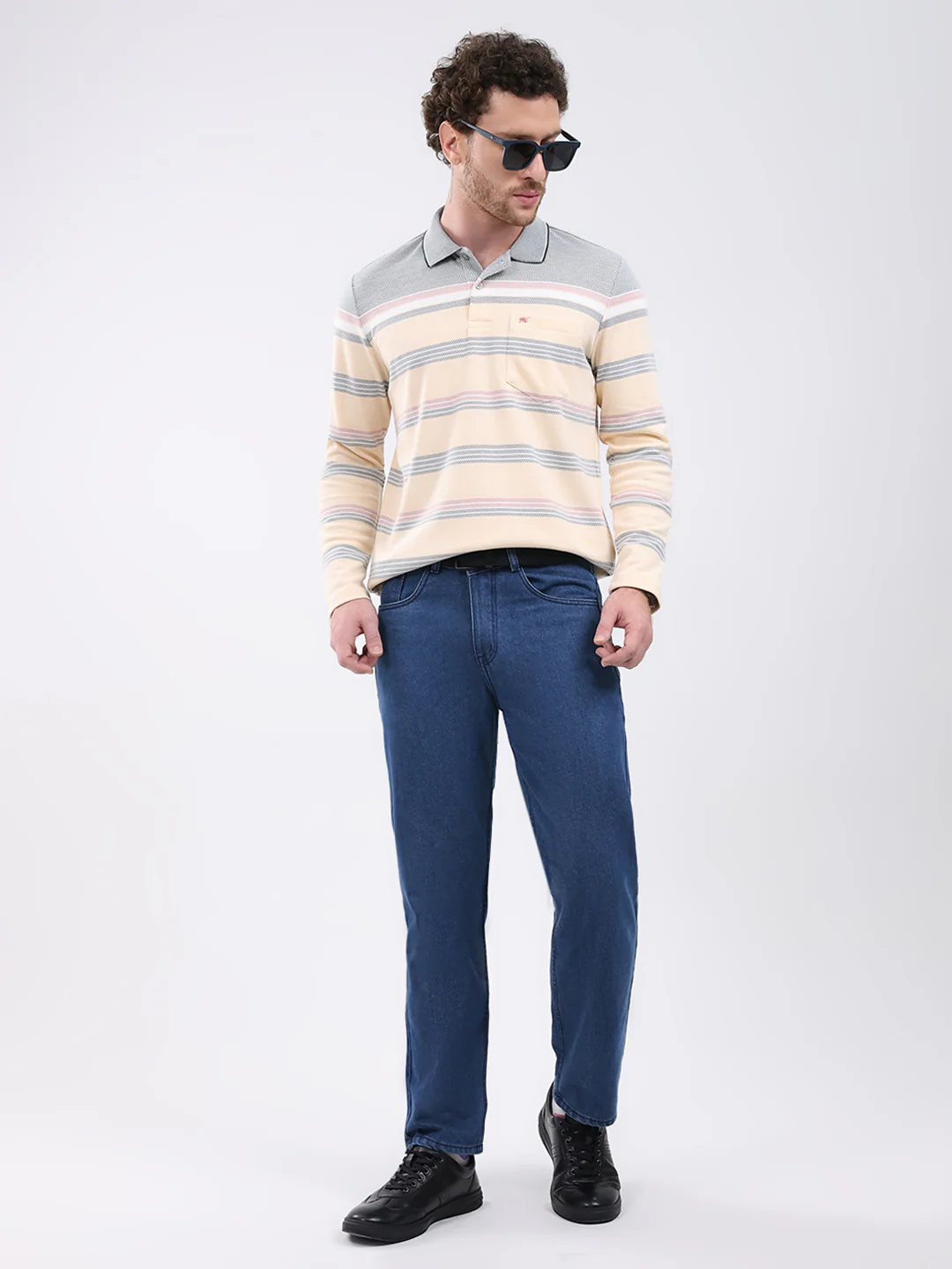 Men Peach Stripe Collar Full Sleeve Winter T-Shirt - Image 2