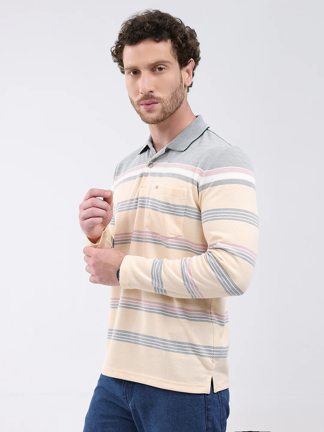 Men Peach Stripe Collar Full Sleeve Winter T-Shirt - Image 3