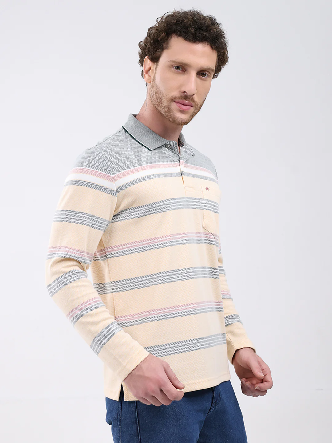 Men Peach Stripe Collar Full Sleeve Winter T-Shirt - Image 4
