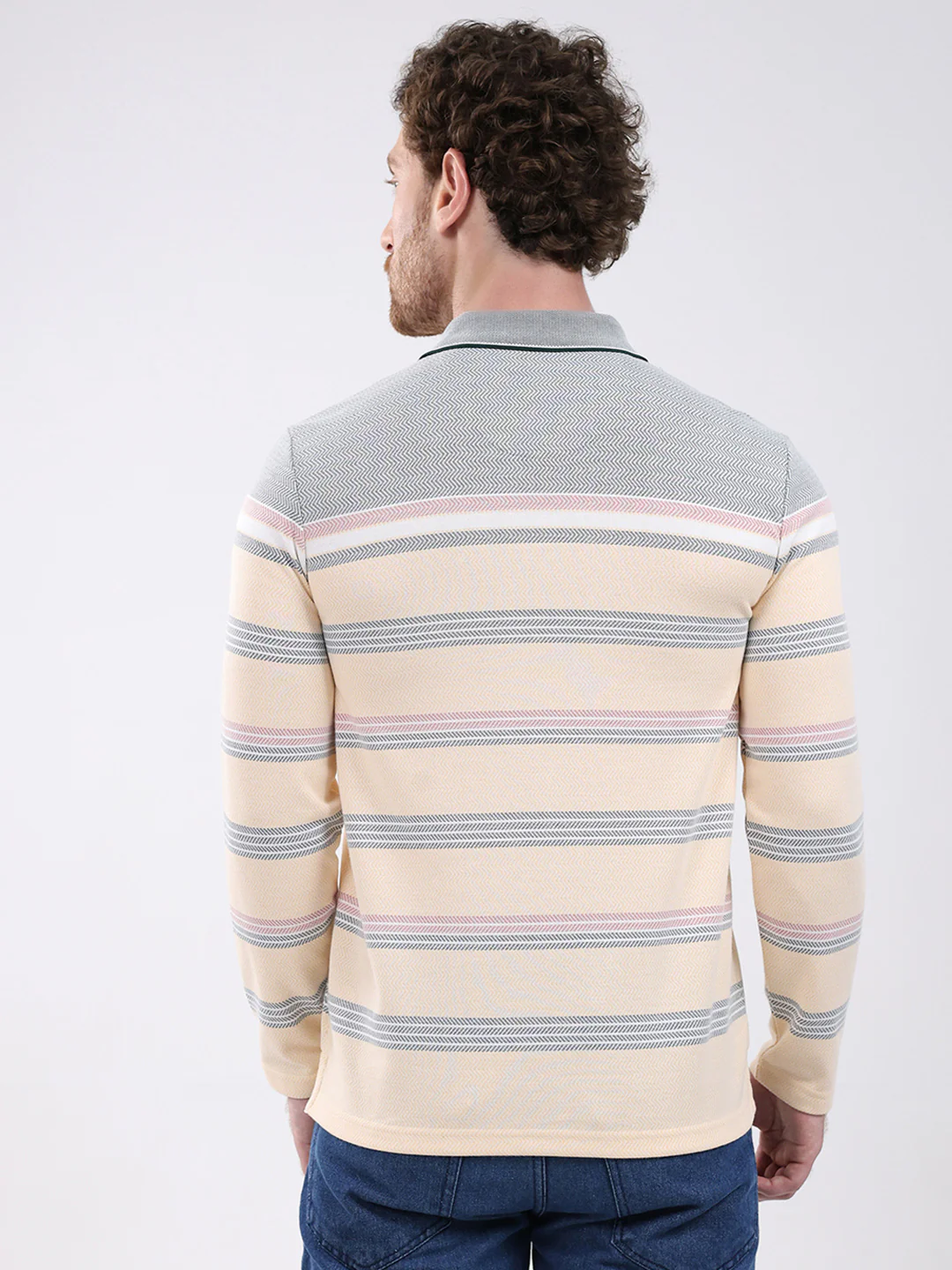 Men Peach Stripe Collar Full Sleeve Winter T-Shirt - Image 5