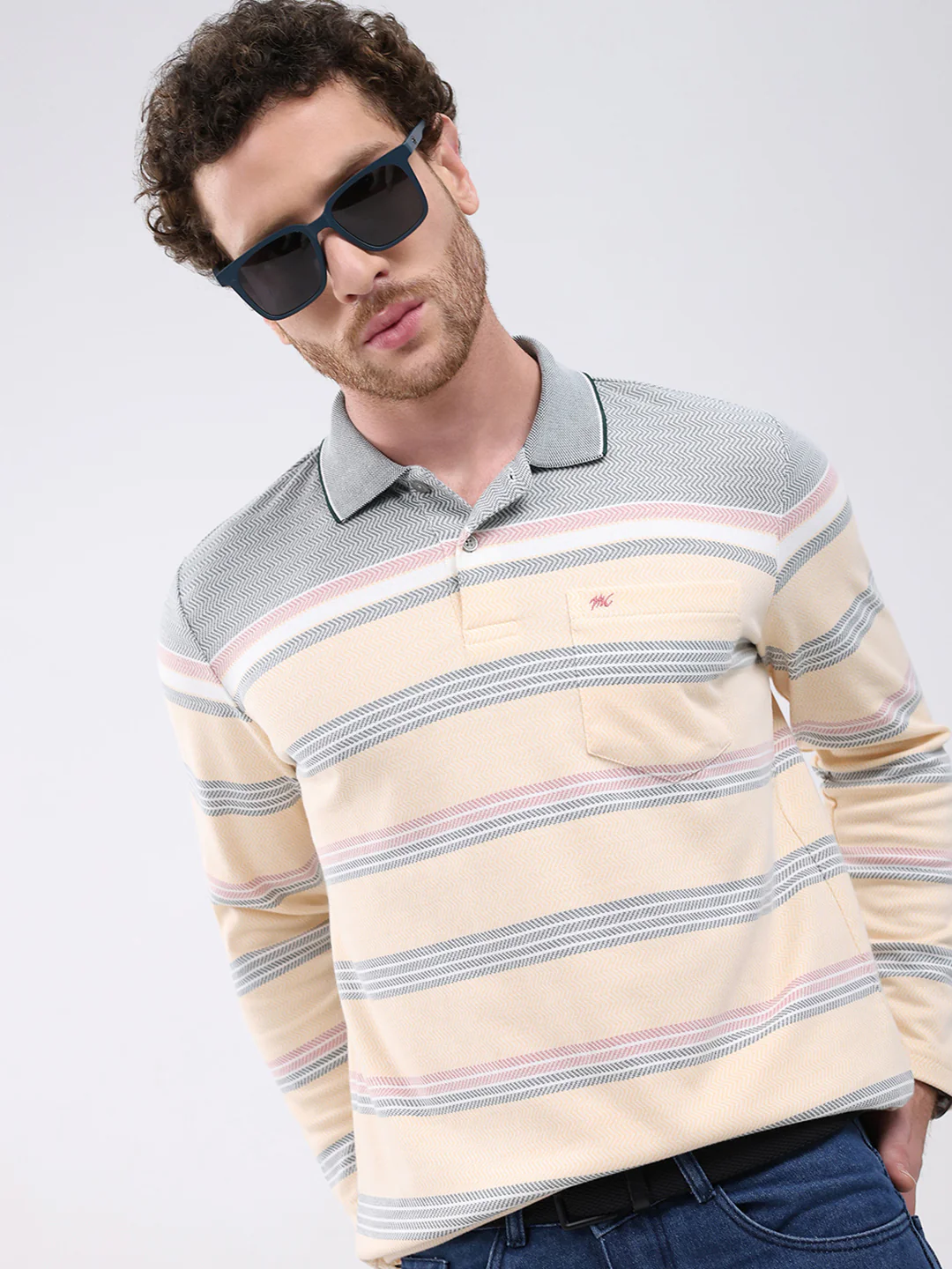 Men Peach Stripe Collar Full Sleeve Winter T-Shirt - Image 6