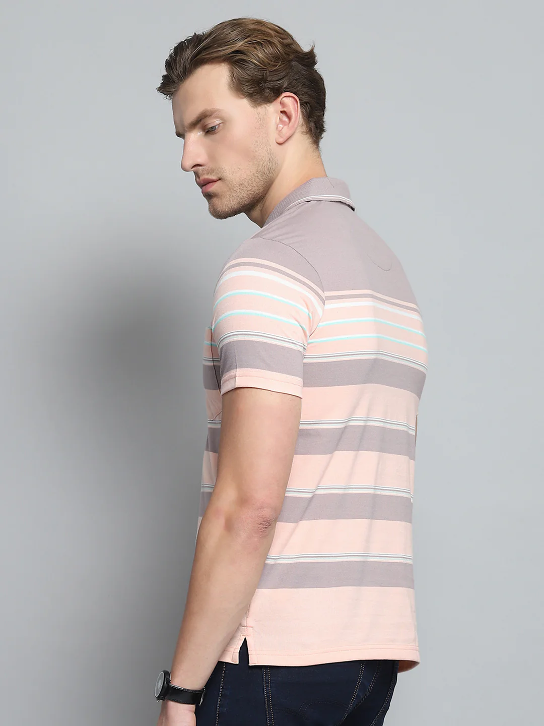Men Peach Stripe Collar Half Sleeve T-Shirt - Image 5