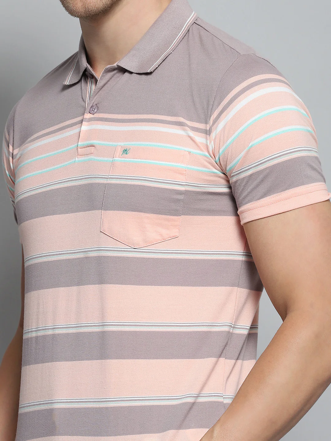 Men Peach Stripe Collar Half Sleeve T-Shirt - Image 7