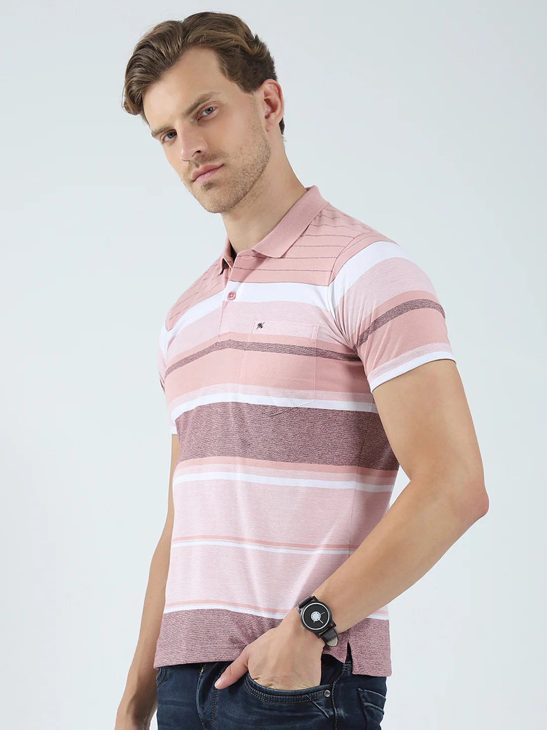 Men Peach Stripe Collar Half Sleeve T-Shirt - Image 3