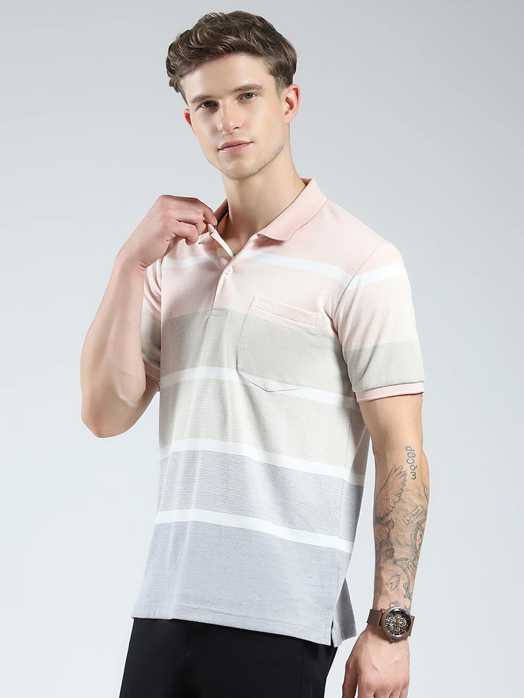Men Peach Stripe Collar Half Sleeve T-Shirt - Image 3