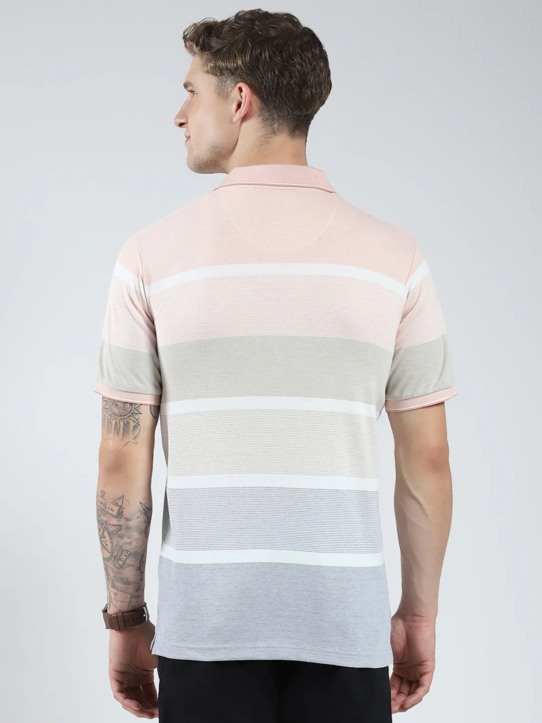 Men Peach Stripe Collar Half Sleeve T-Shirt - Image 5