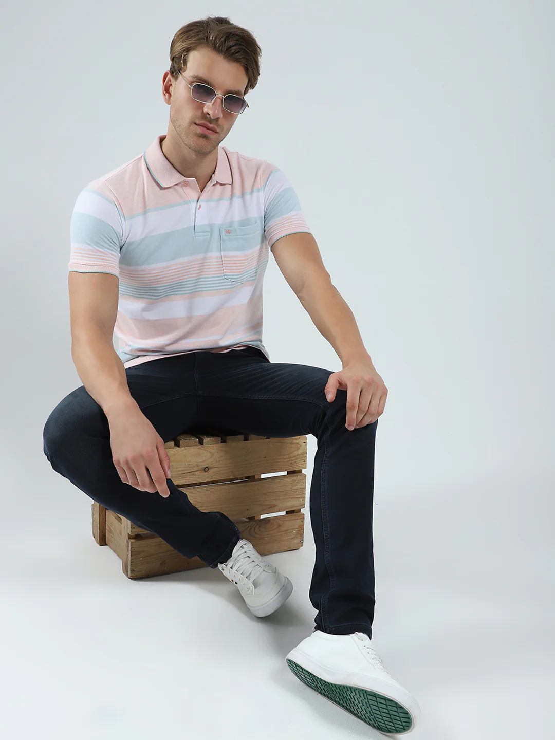 Men Peach Stripe Collar Half Sleeve T-Shirt - Image 2