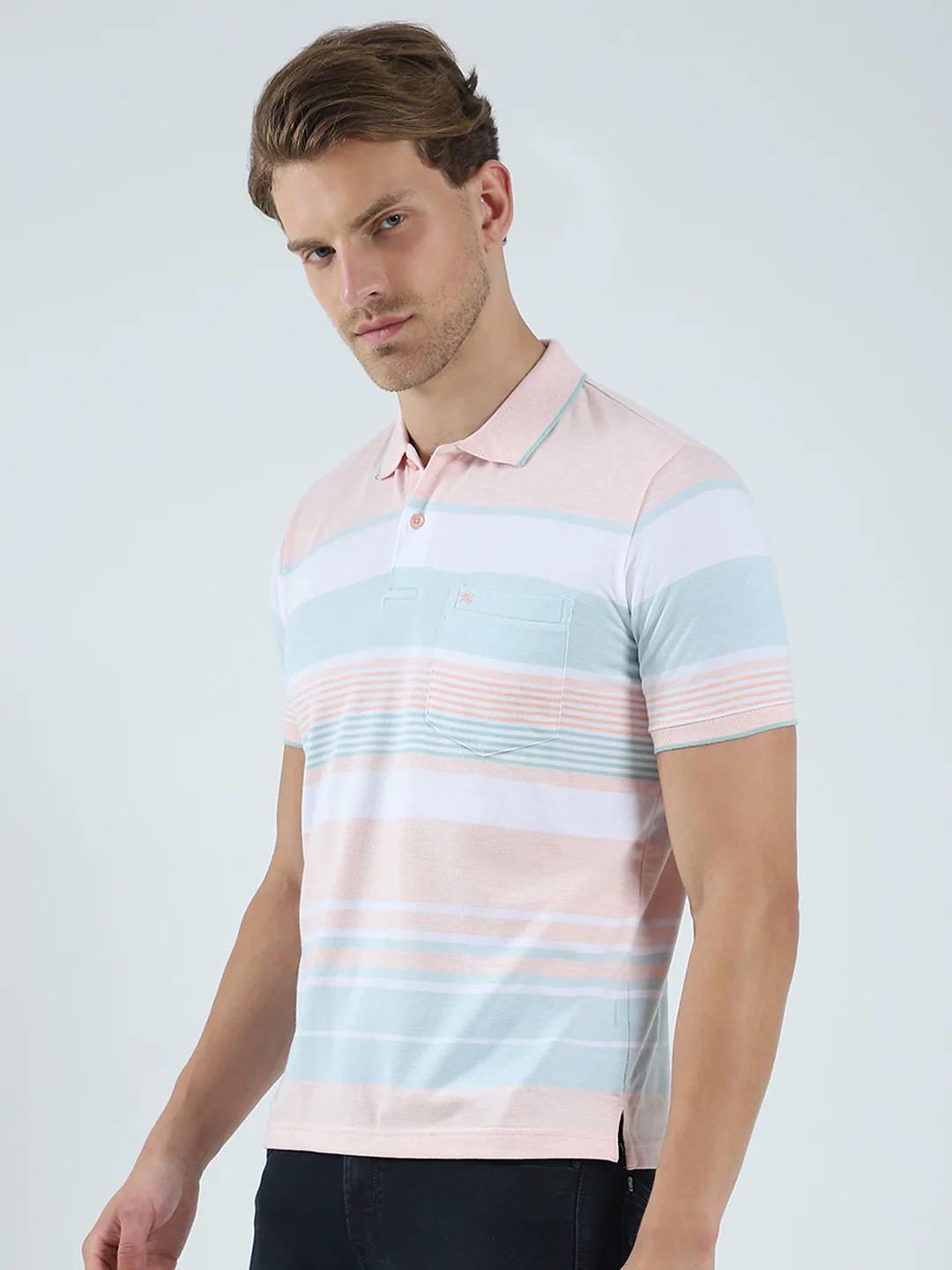 Men Peach Stripe Collar Half Sleeve T-Shirt - Image 3