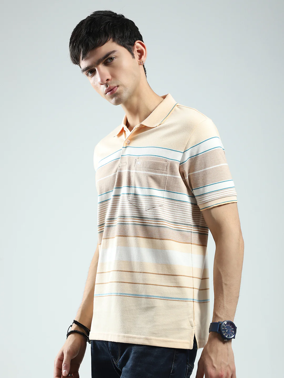 Men Peach Stripe Collar Half Sleeve T-Shirt - Image 3