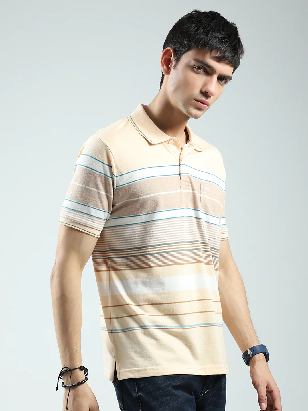 Men Peach Stripe Collar Half Sleeve T-Shirt - Image 4