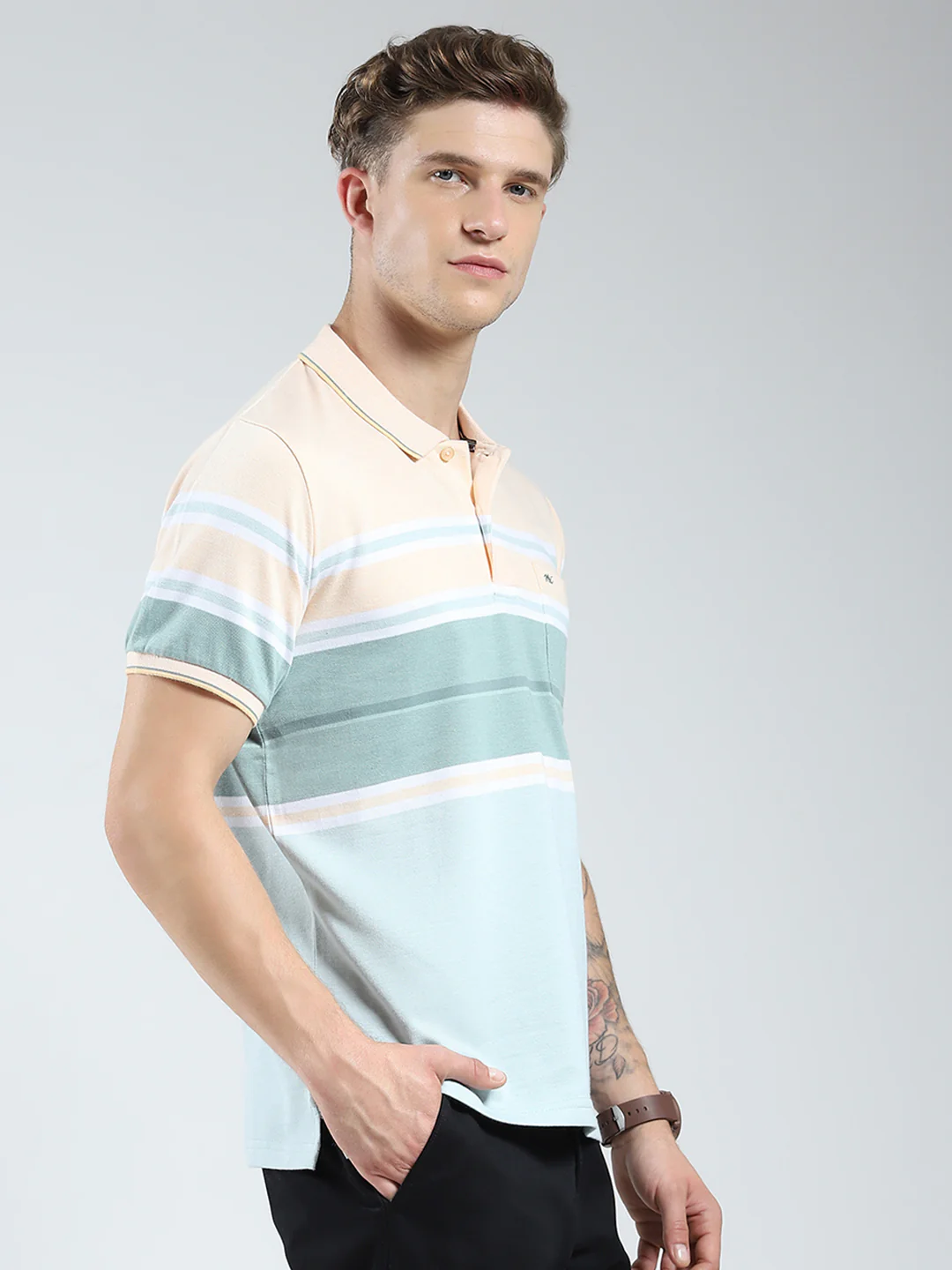 Men Peach Stripe Collar Half Sleeve T-Shirt - Image 4
