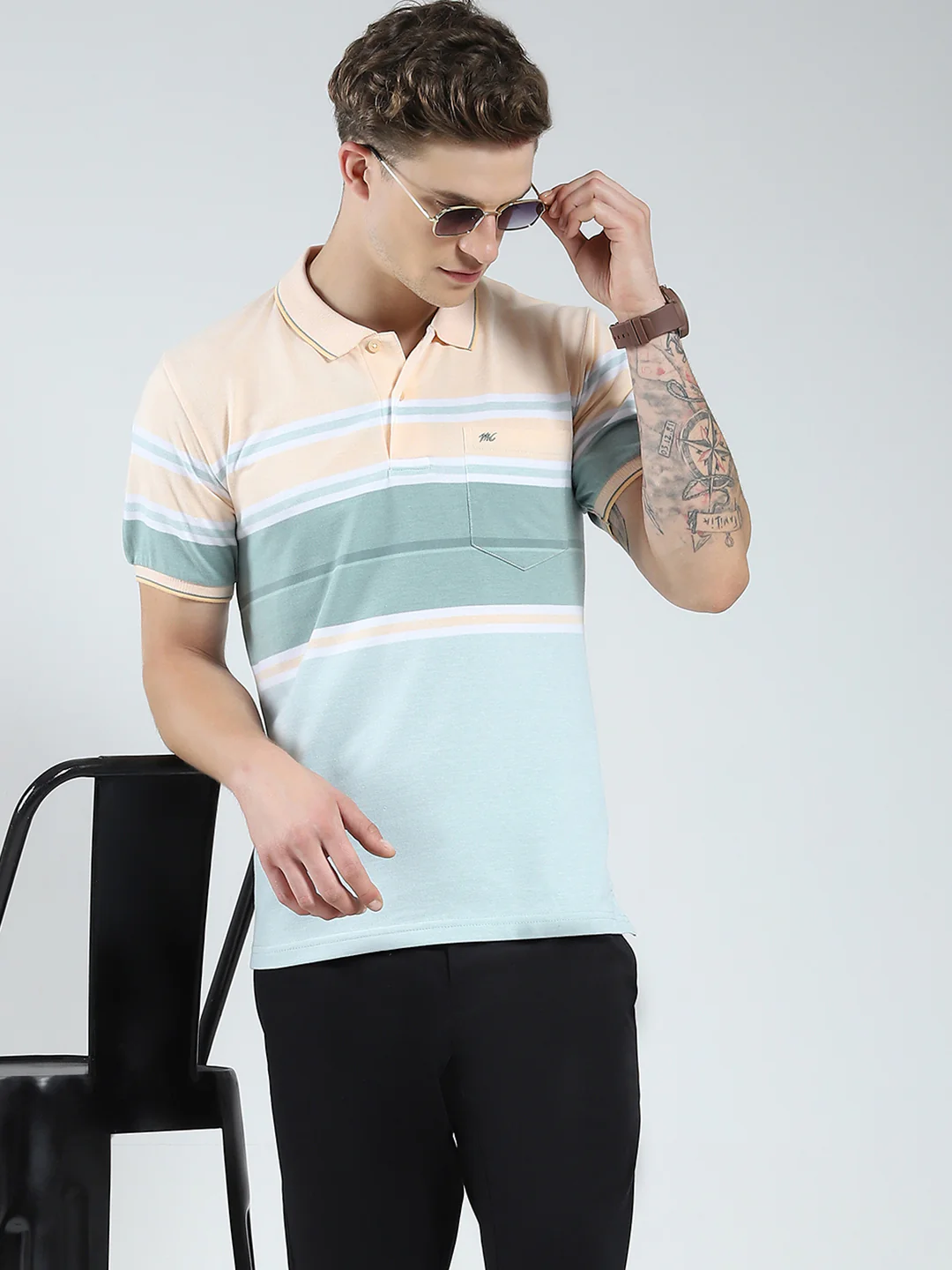 Men Peach Stripe Collar Half Sleeve T-Shirt - Image 6