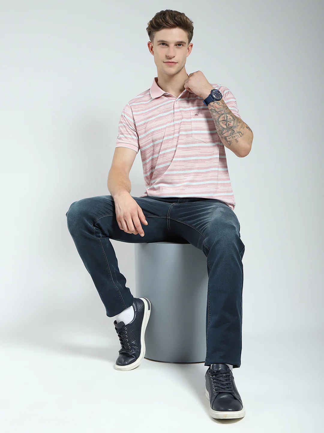 Men Peach Stripe Collar Half Sleeve T-Shirt - Image 2