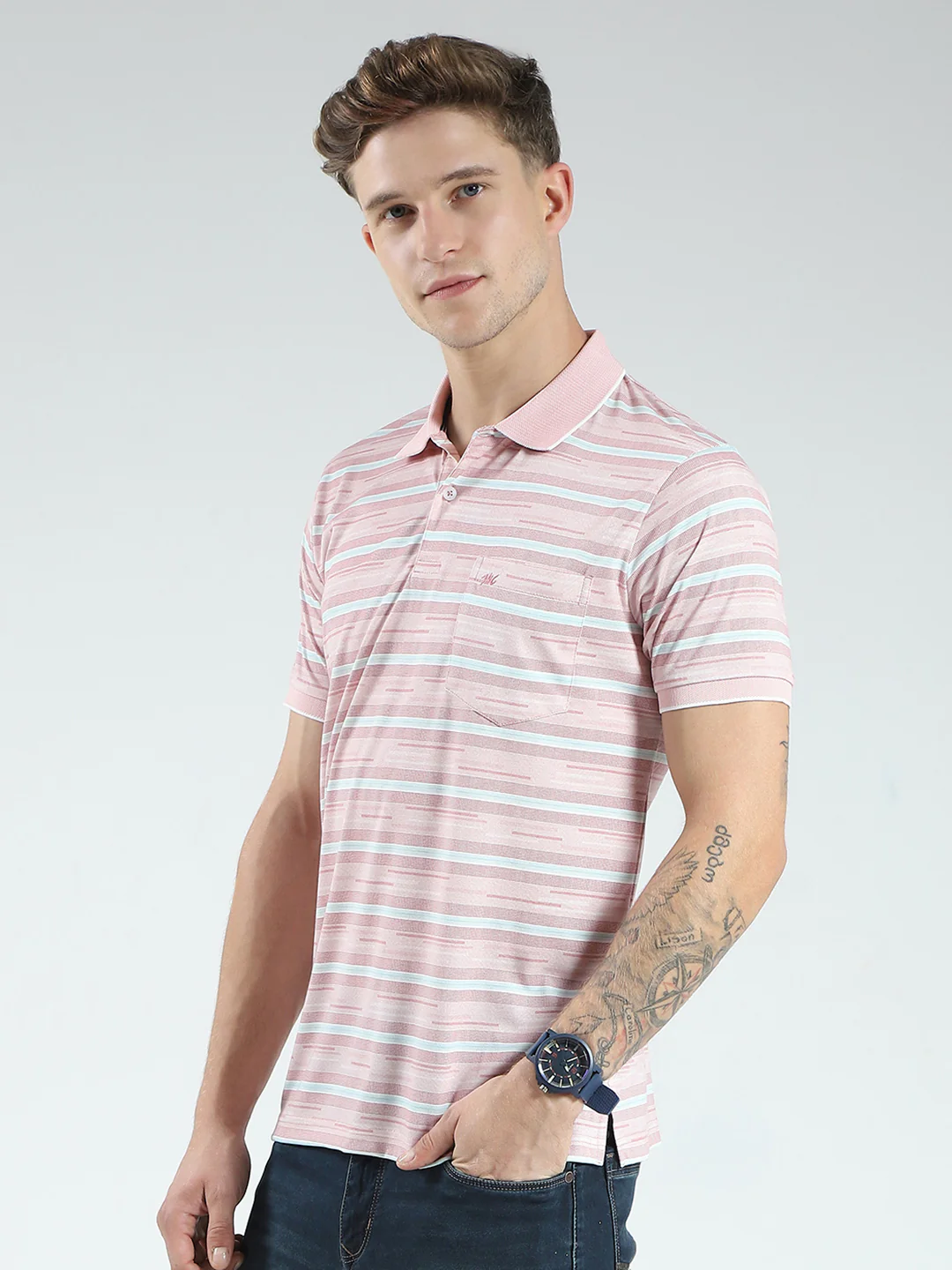 Men Peach Stripe Collar Half Sleeve T-Shirt - Image 3