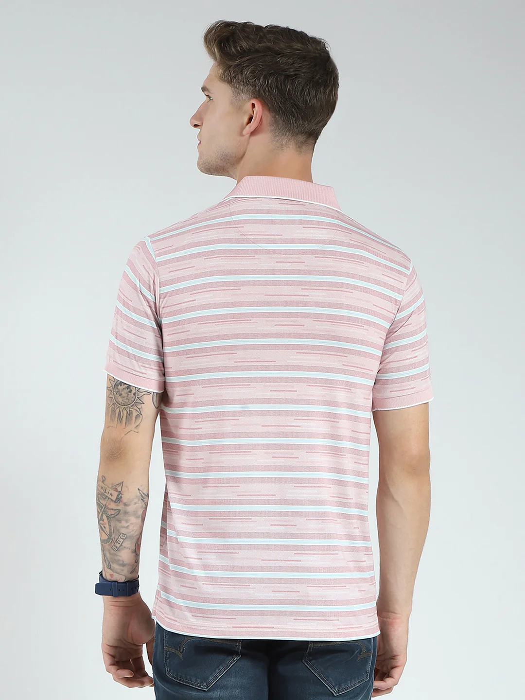 Men Peach Stripe Collar Half Sleeve T-Shirt - Image 5