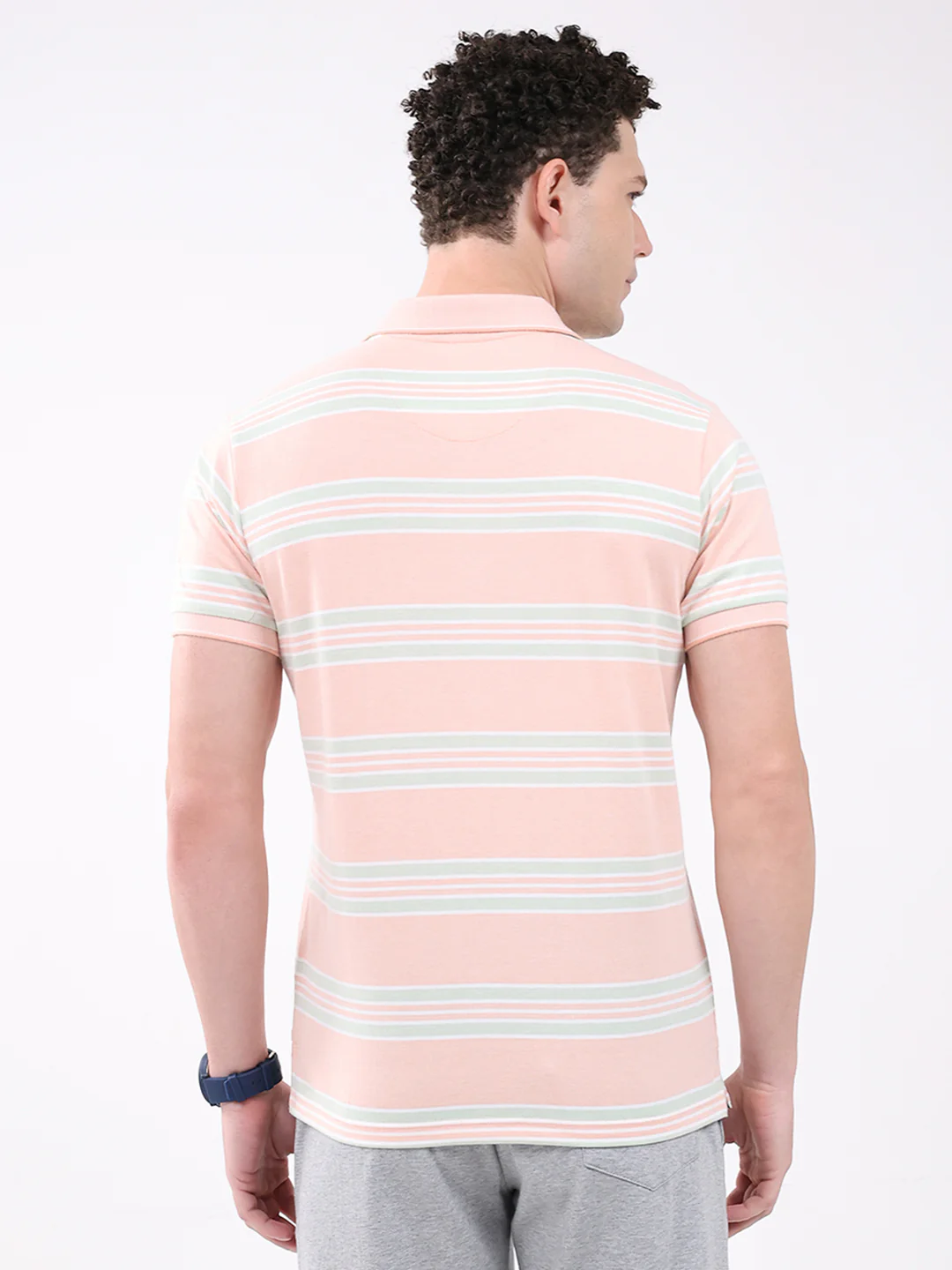 Men Peach Stripe Collar Half Sleeve T-Shirt - Image 5