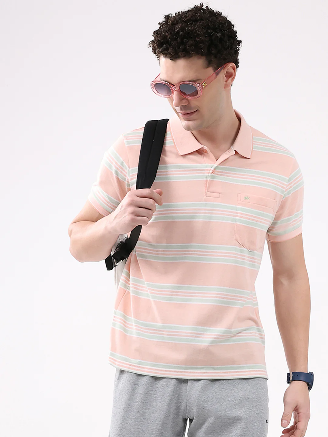 Men Peach Stripe Collar Half Sleeve T-Shirt - Image 6