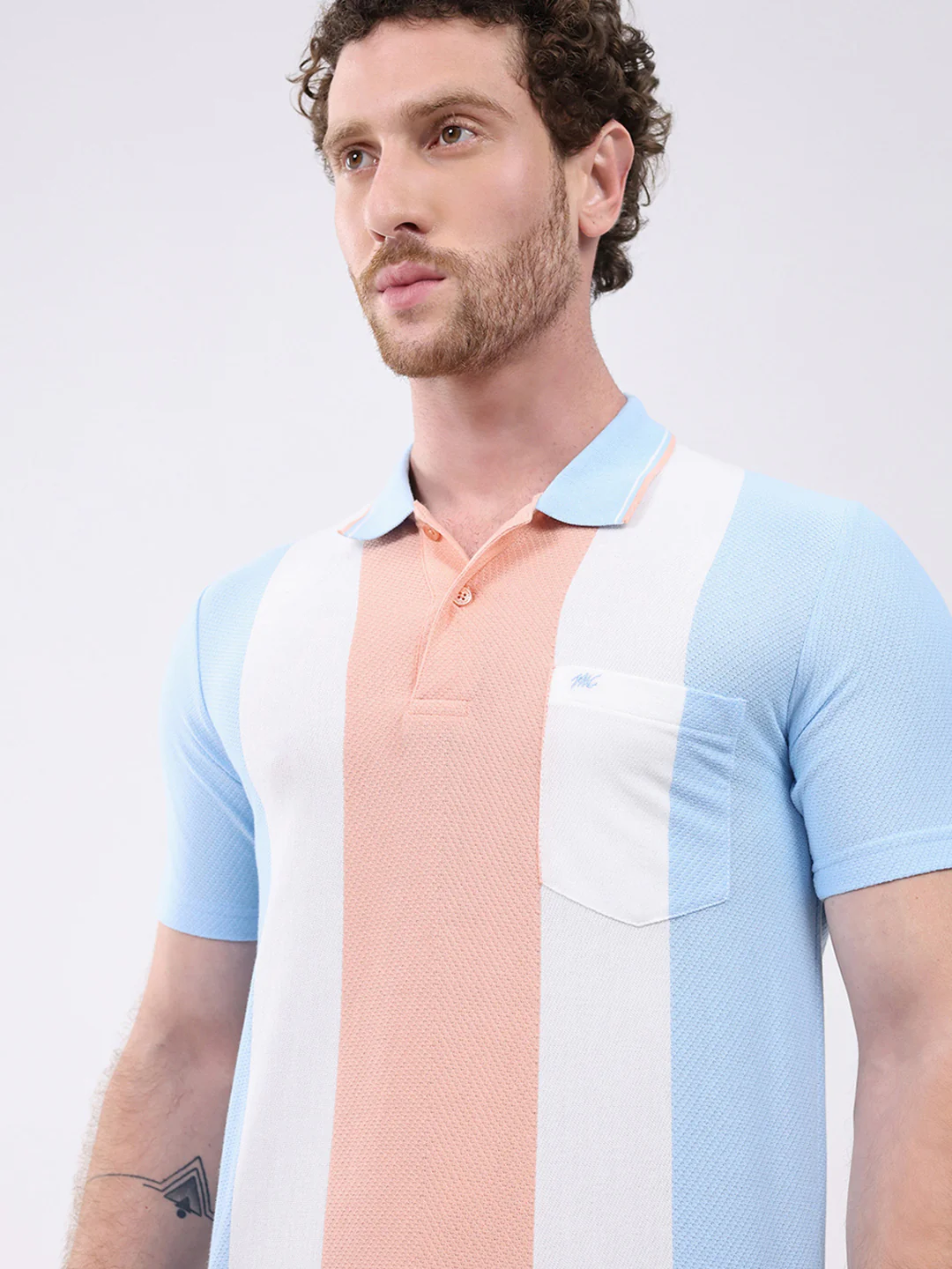 Men Peach Stripe Collar Half Sleeve T-Shirt - Image 6