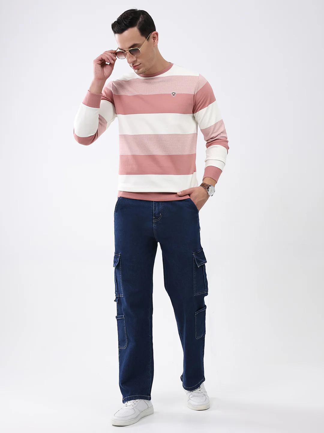 Men Peach Stripe Round Neck Full Sleeve Winter T-Shirt - Image 2
