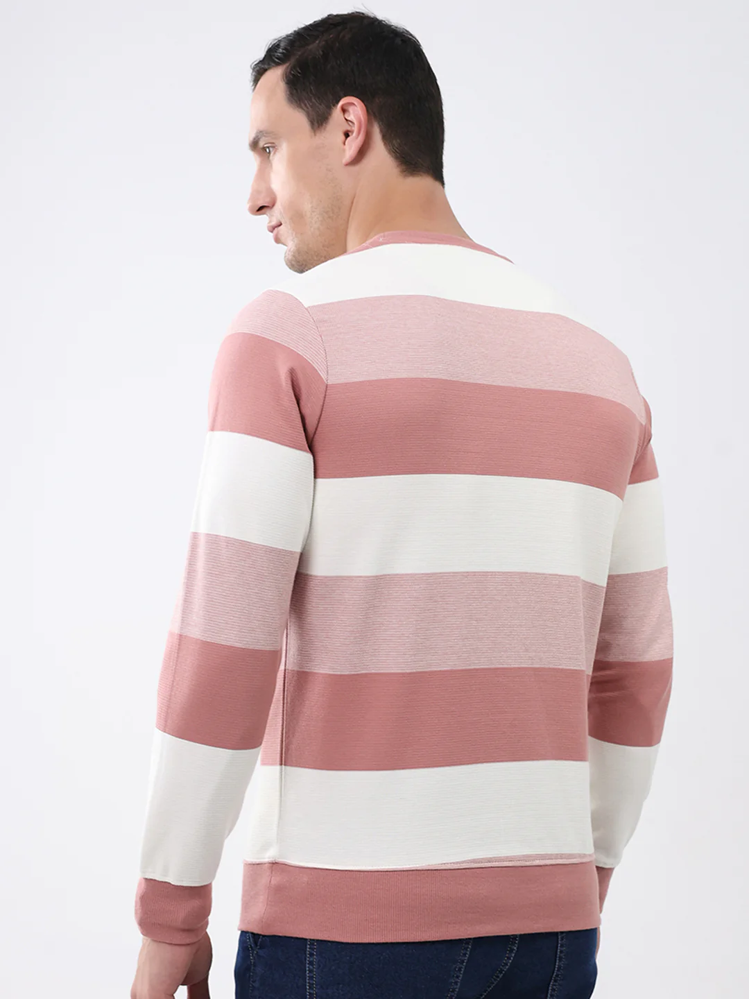Men Peach Stripe Round Neck Full Sleeve Winter T-Shirt - Image 5