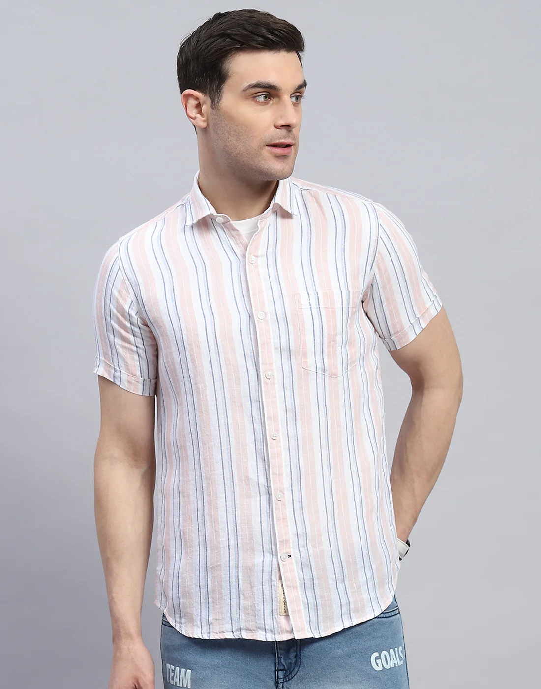 Men Peach Stripe Spread Collar Half Sleeve Linen Shirt - Image 3